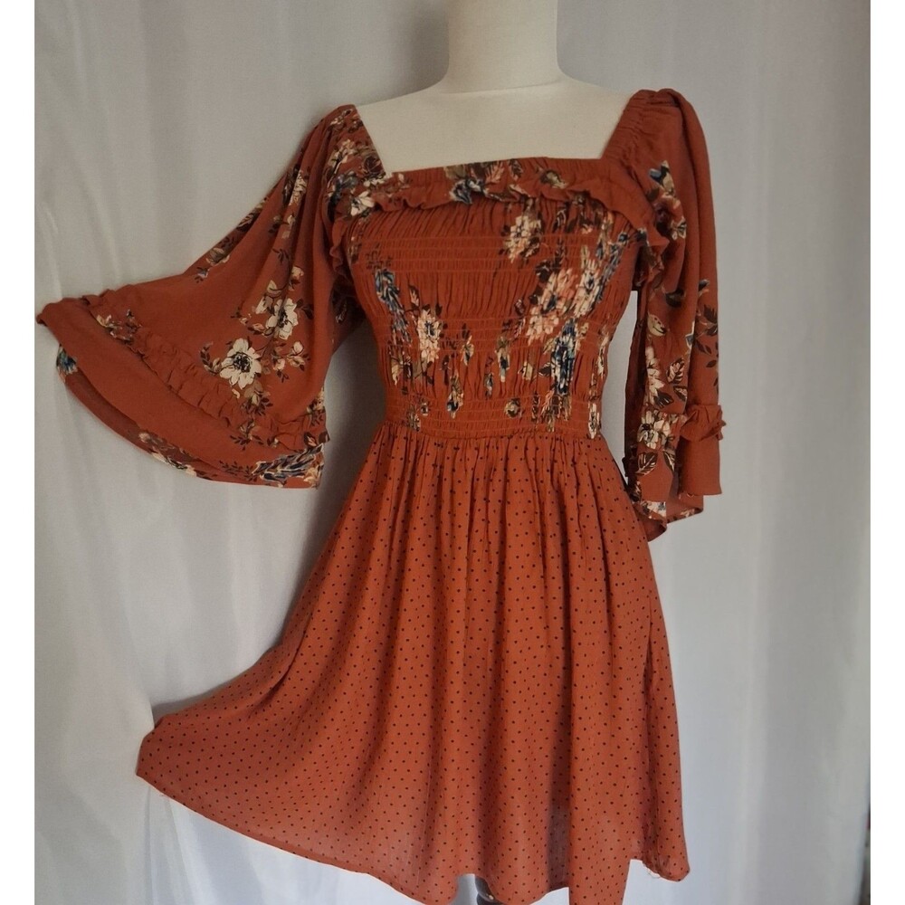 Vtg 90s Y2K Angie Smocked top bell sleeves Boho Festival Fairy Mini Dress  L